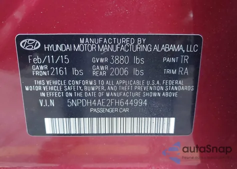 2015 Hyundai Elantra Se z USA, uszkodzony, nr VIN 5NPDH4AE2FH644994